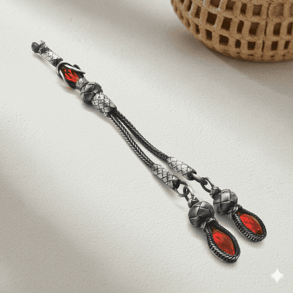 Kırmızı Zirkon Taşlı 2 li 1000 Ayar Gümüş Kazaz Püskül