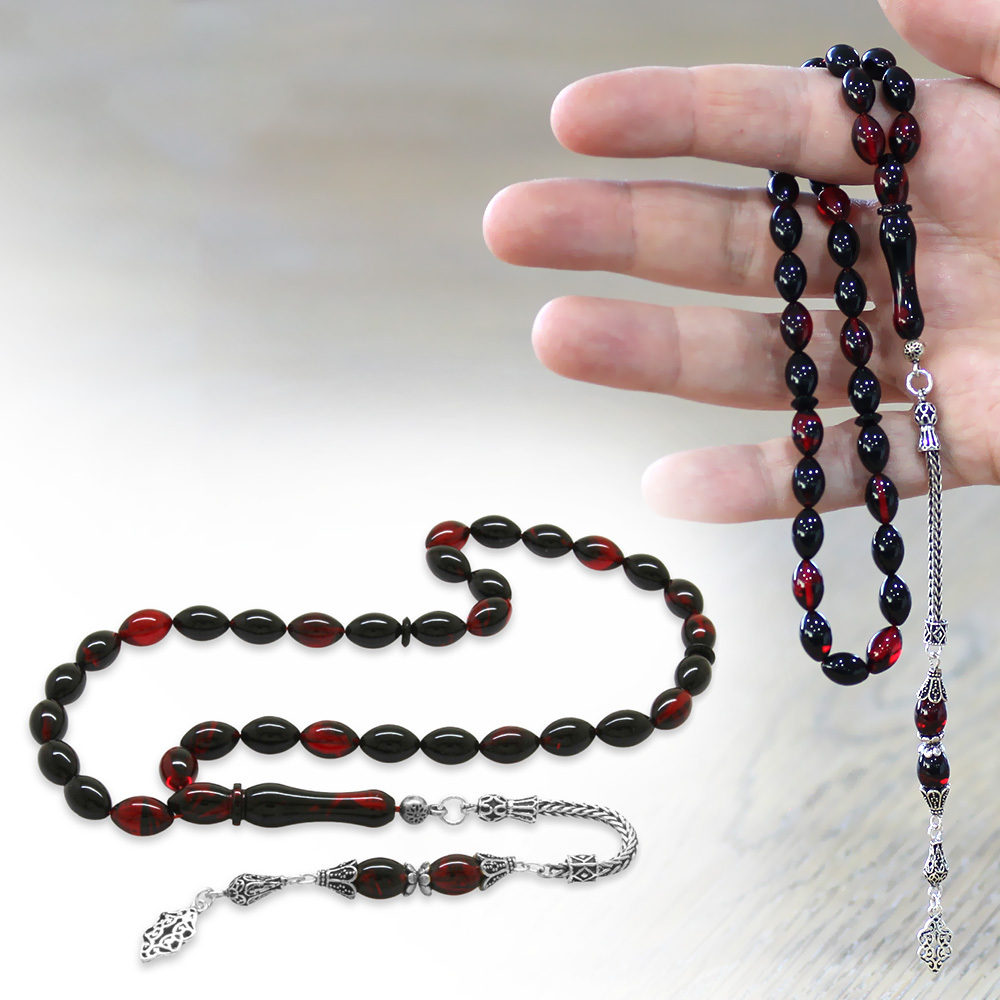 925 Ayar Gümüş Püsküllü Arpa Kesim Kırmızı Siyah Ateş Kehri...