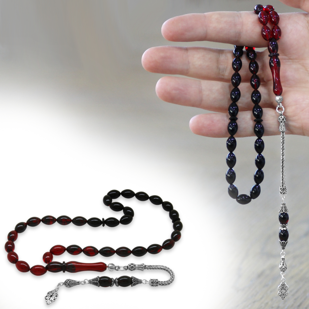 925 Ayar Gümüş Püsküllü Arpa Kesim Süzme Kırmızı Siyah Ateş...