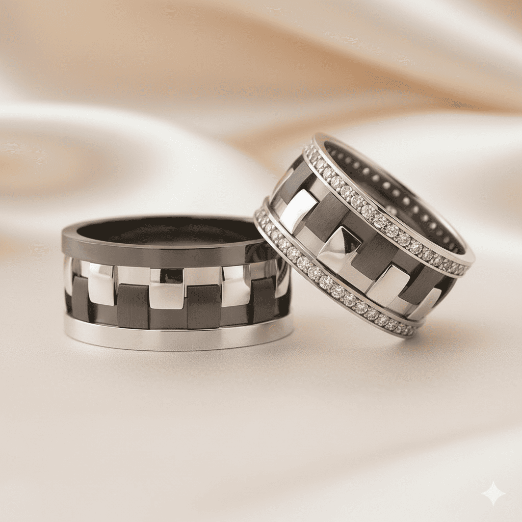 Damalı Tasarım Gri Siyah Renk 925 Ayar Gümüş Çift Alyans