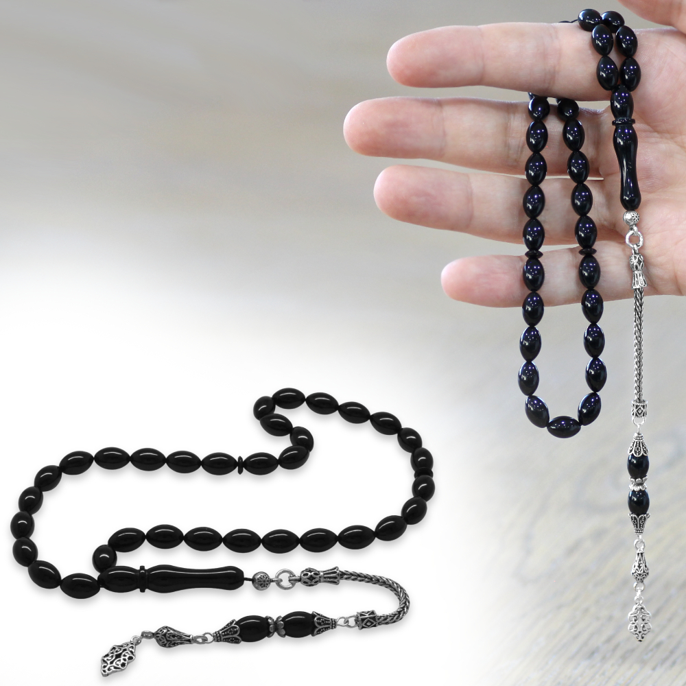 925 Ayar Gümüş Püsküllü Arpa Kesim Siyah Sıkma Kehribar Tes...