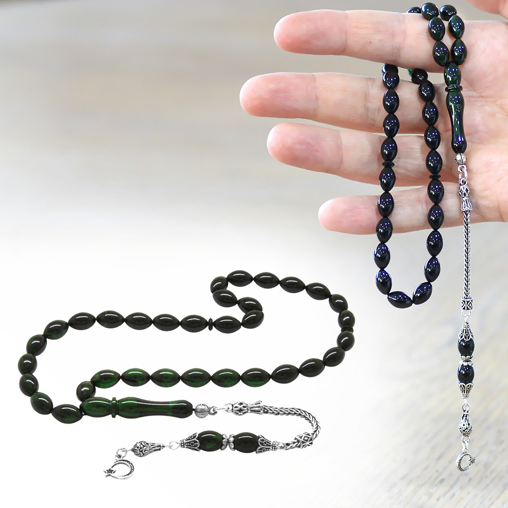 925 Ayar Gümüş Püsküllü Arpa Kesim Süzme Yeşil Siyah Ateş K...