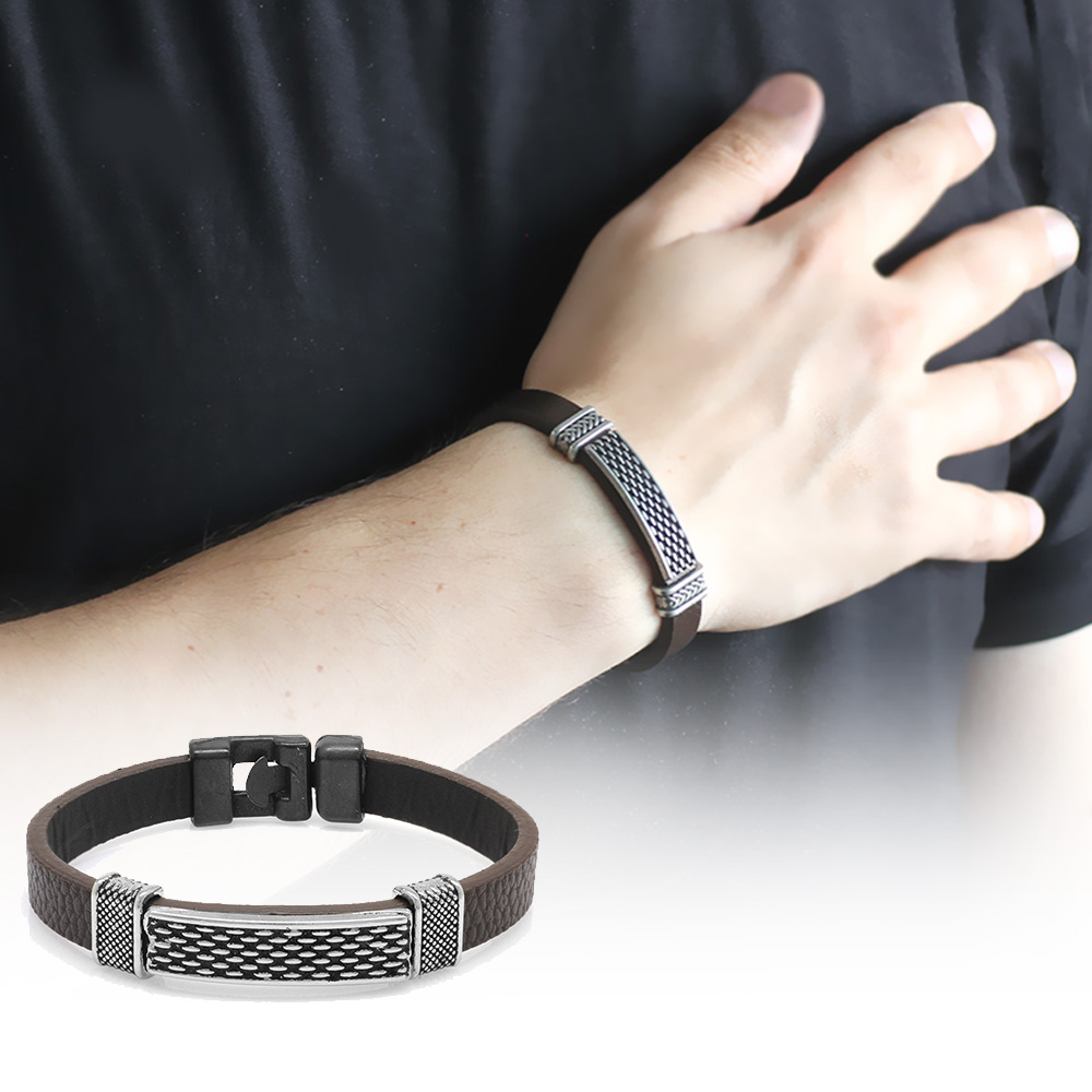 Nokta İşlemeli Kahverengi Kararmaz Metal Deri Kombinli Erke...