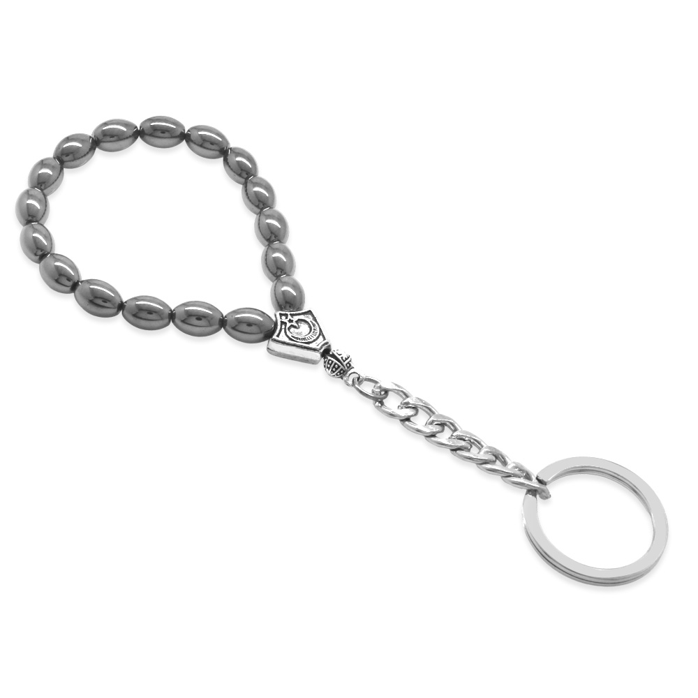 Hematit Doğaltaş Siyah Krom Çelik Kombinli Tesbih Anahtarlık